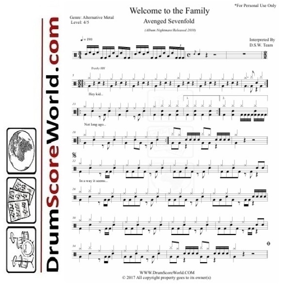 Avenged Sevenfold - Welcome to the Family - Drum Sheet + Play-Along Track
